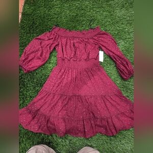 Premier Armour Off-Shoulder Burgundy Tiered Dress